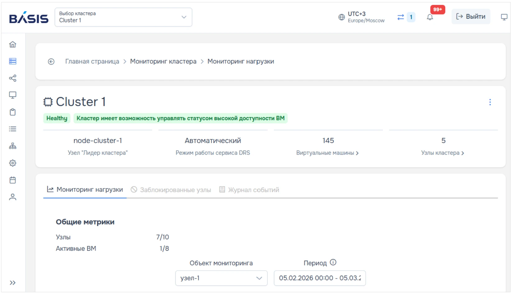 Центральная панель кластера Basis Resource Optimizer Центральная панель кластера Basis Resource Optimizer