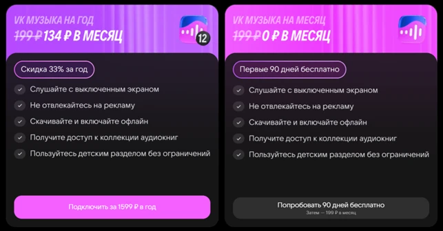 Краткое описание тарифов «VK Музыка на год» и «VK Музыка на месяц» Краткое описание тарифов «VK Музыка на год» и «VK Музыка на месяц»